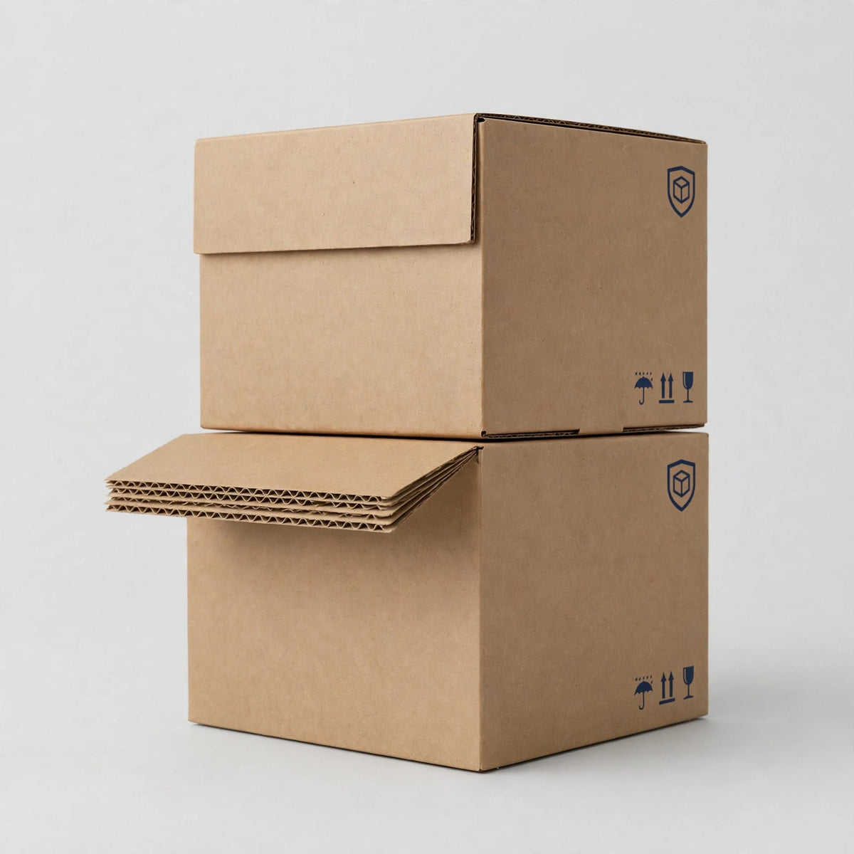 Brown 5 ply double-wall corrugated cartons stacked, flap raised showing the thick multi-flute board edge โ custom heavy-duty cartons Dubai