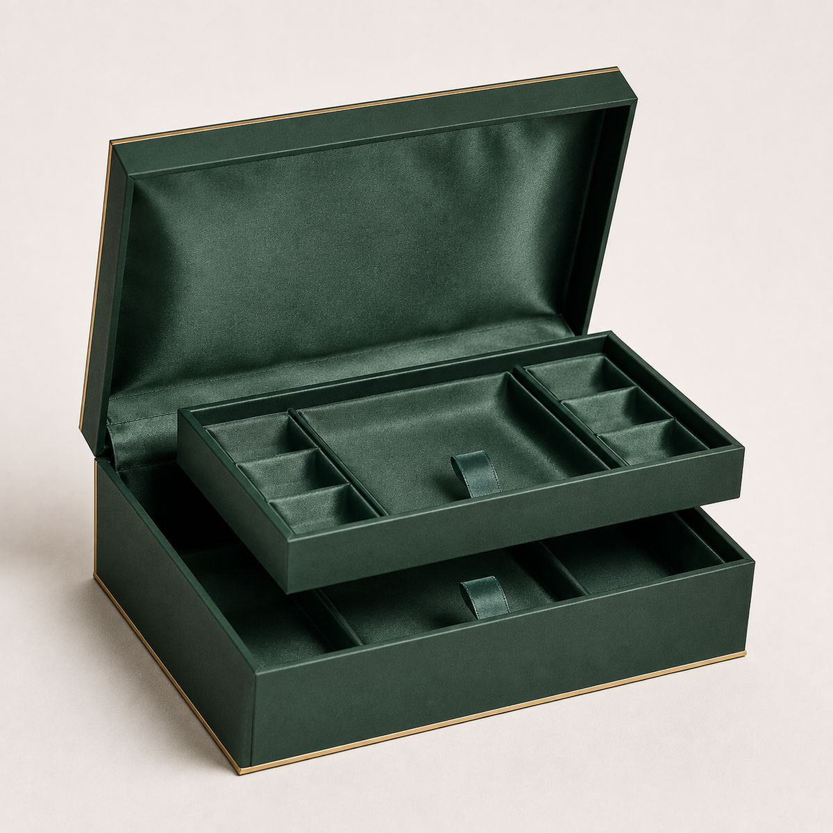 Green satin-lined rigid box with tiered fitted insert for jewellery