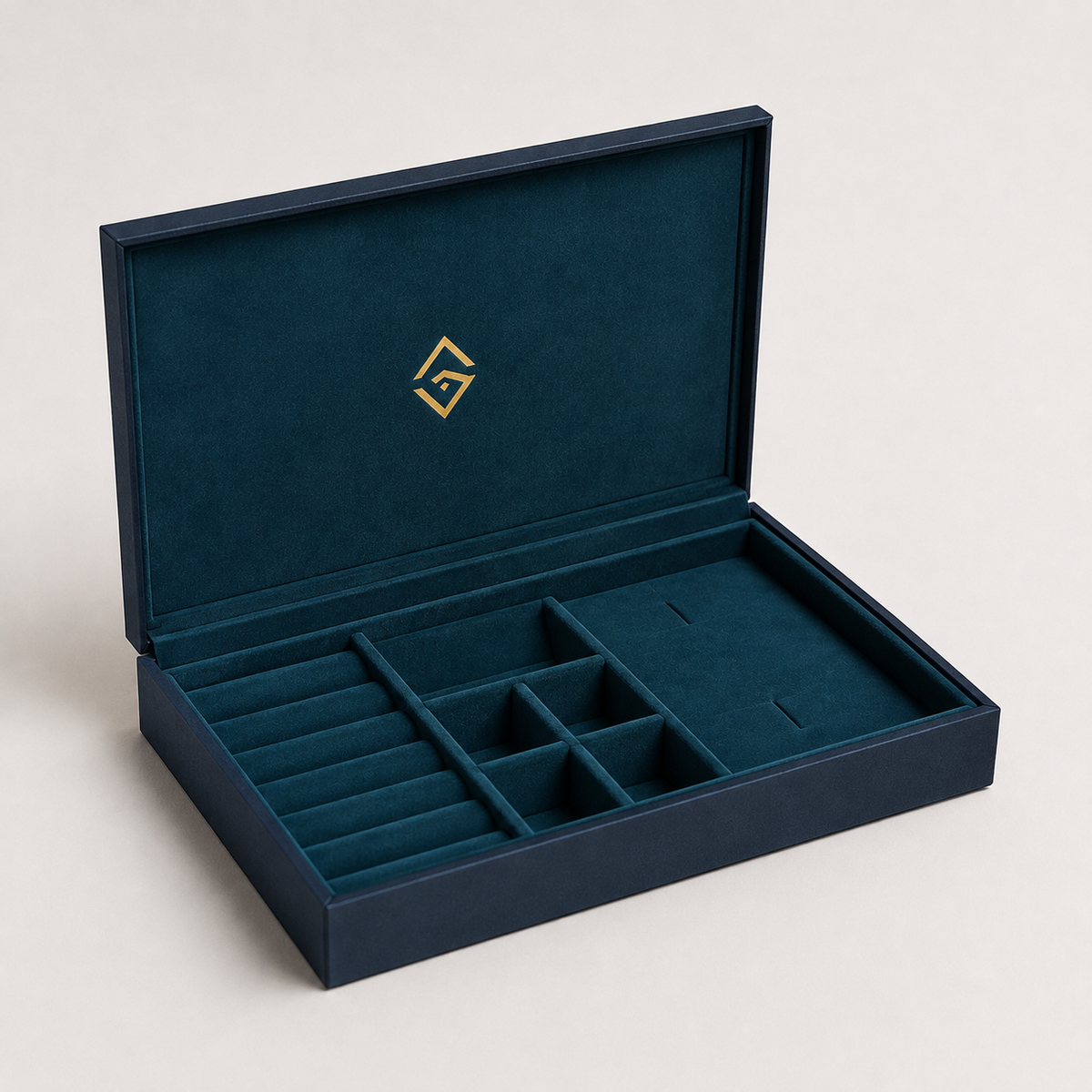 Custom navy velvet jewellery tray box with compartments and gold logo โ ALEF UAE
