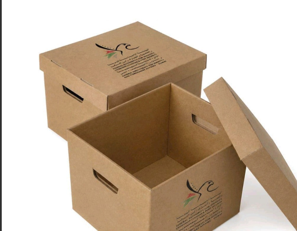 Kraft archive storage boxes with lids and handles, printed logo โ ALEF UAE