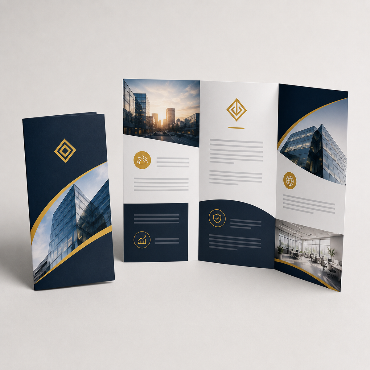 Open tri-fold brochure in navy and gold on a desk — brochure printing Dubai