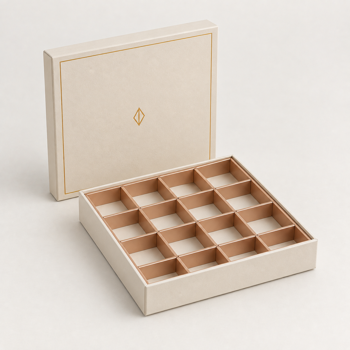 Ivory rigid chocolate box open with rose-gold grid divider insert โ custom chocolate packaging Dubai