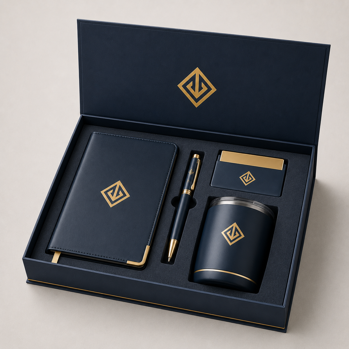 Navy rigid gift box with notebook, pen and mug set in a fitted insert โ corporate gift sets Dubai