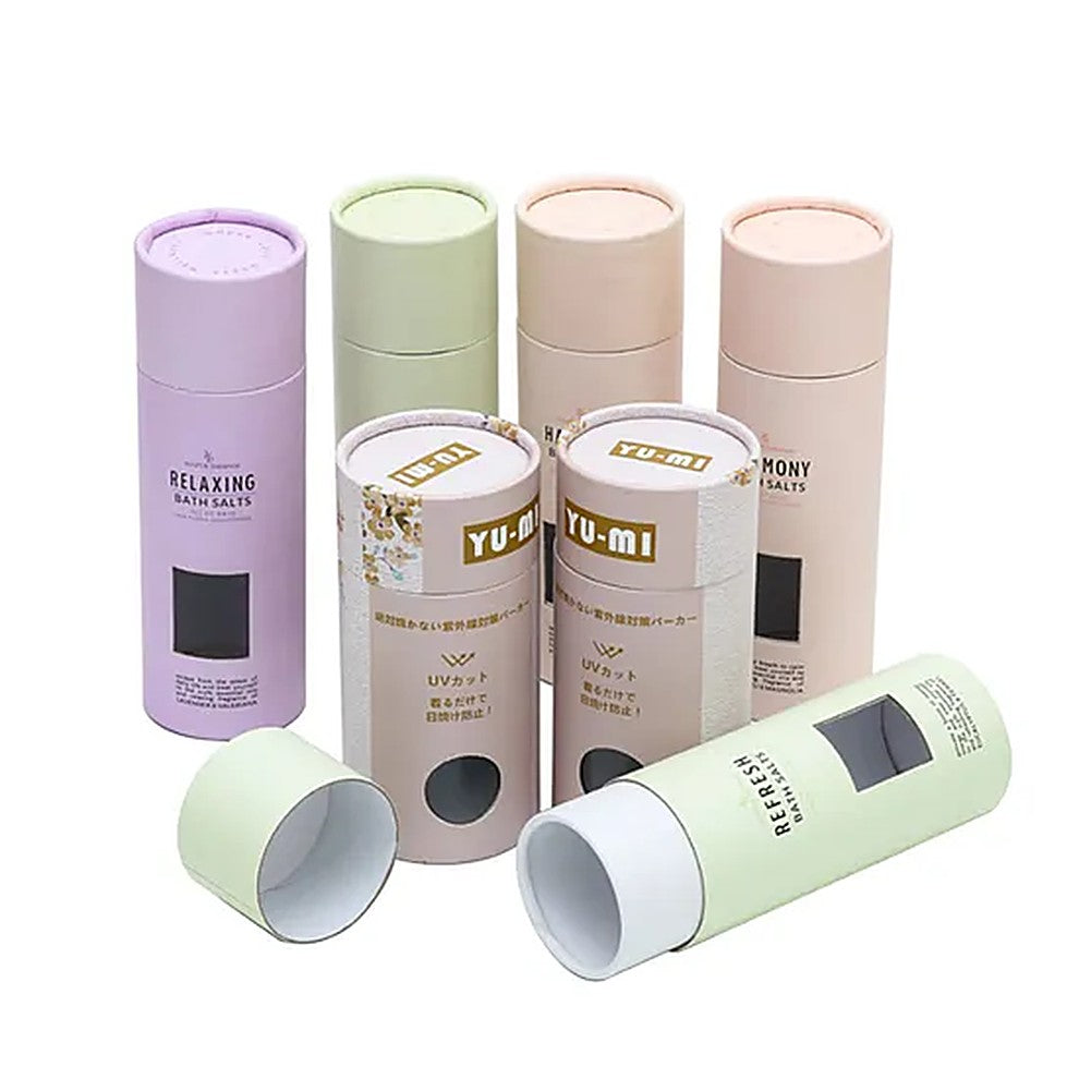 Printed cosmetic paper tubes in pastel colours with windows โ custom tube packaging Dubai