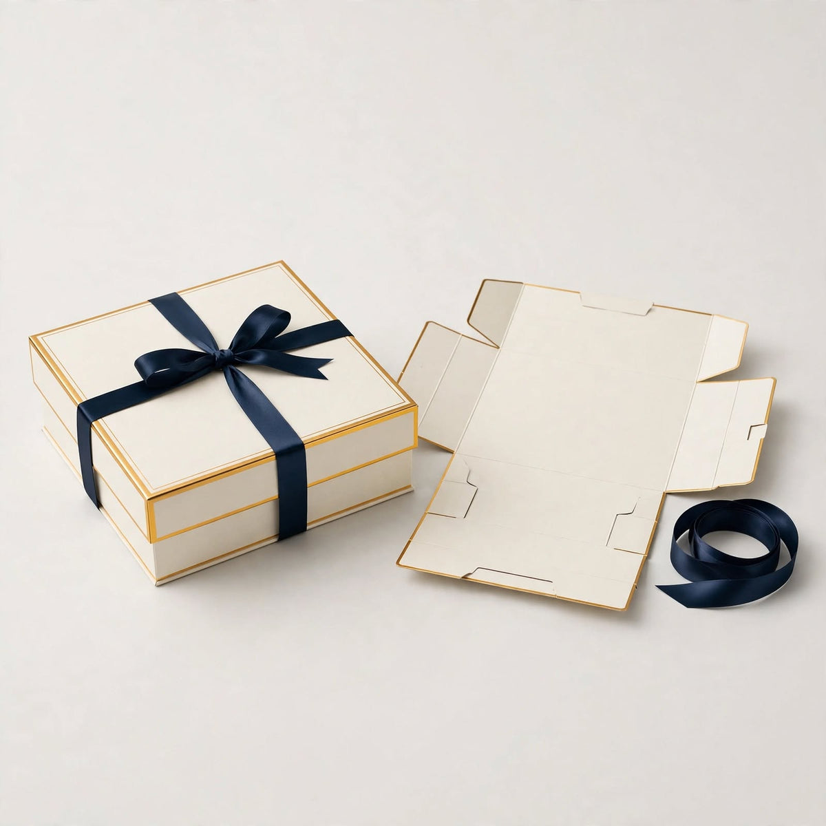 Ivory foldable gift box with navy ribbon shown assembled and flat-packed โ custom collapsible gift box Dubai
