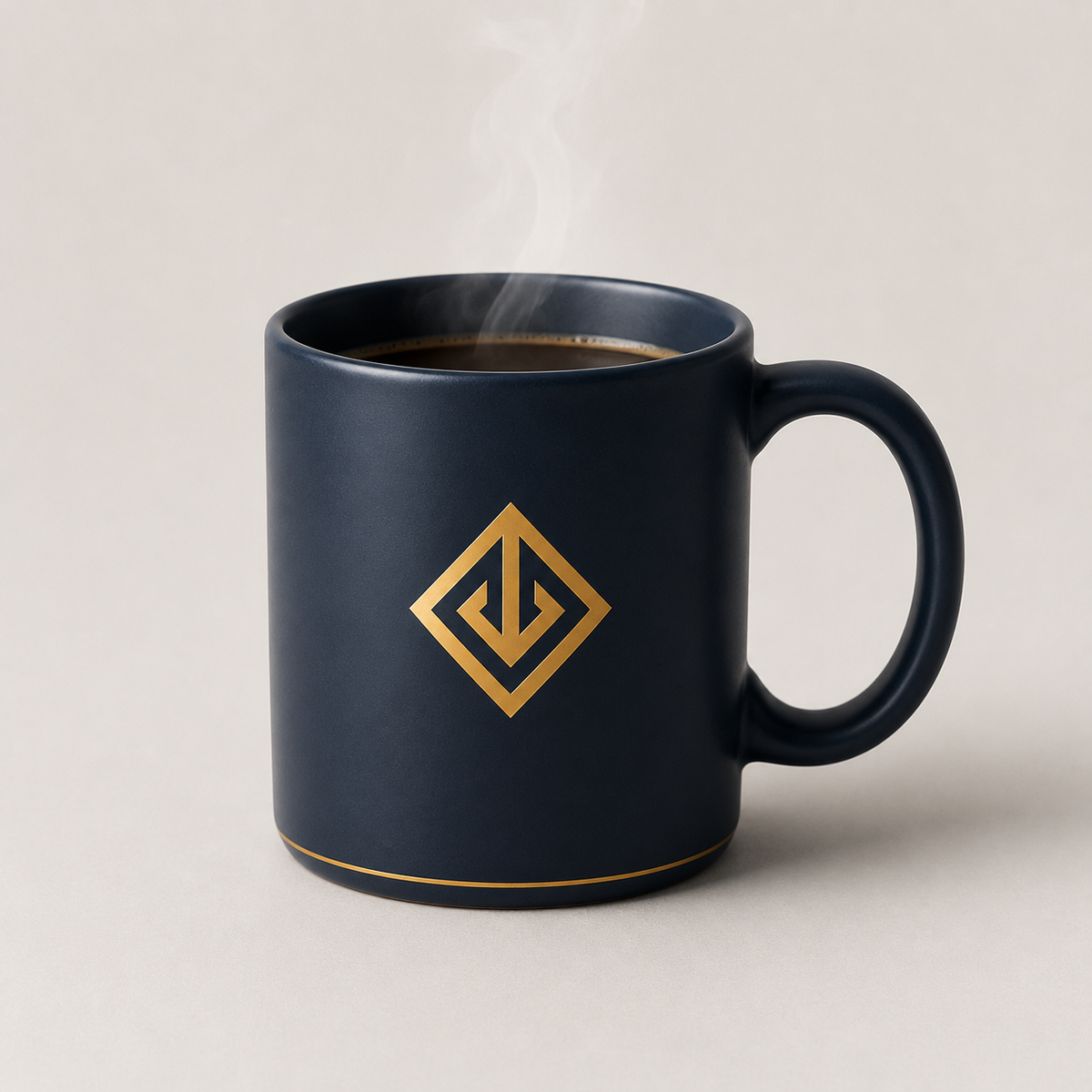 White ceramic mug with navy and gold logo print in a gift box โ custom printed mugs Dubai