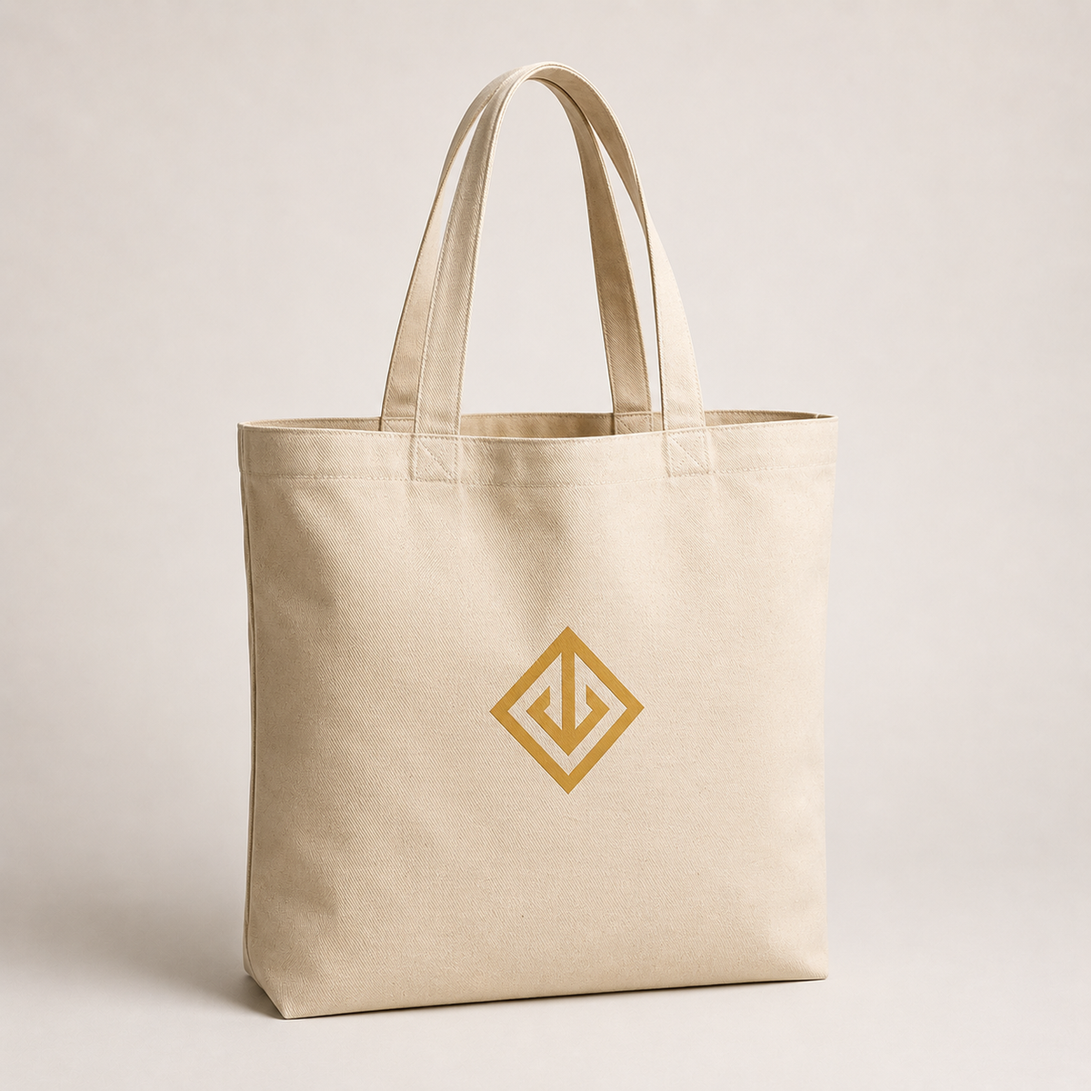 Natural cotton tote bag with navy and gold logo print โ branded tote bags Dubai