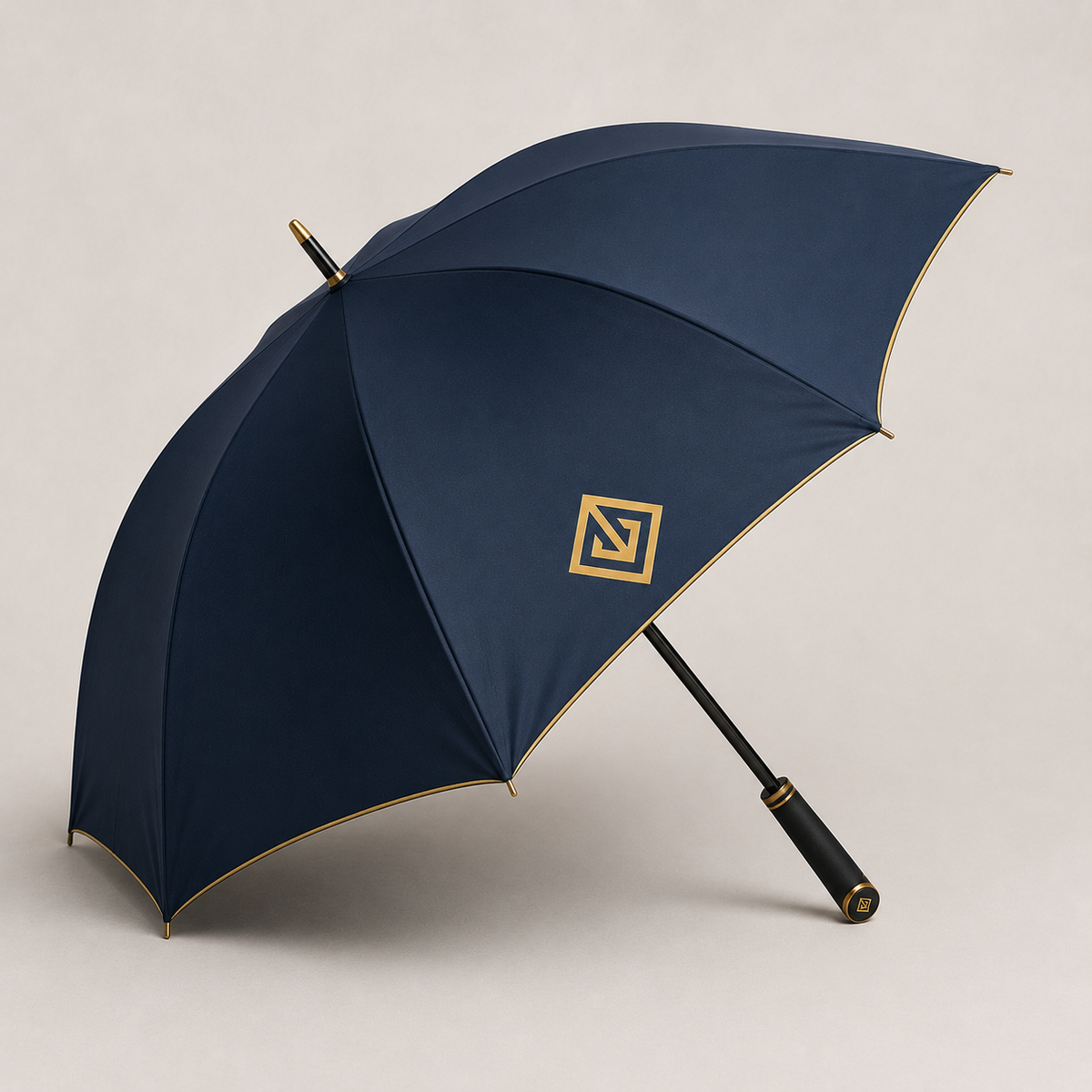 Navy branded umbrella with gold logo panel โ branded umbrellas Dubai