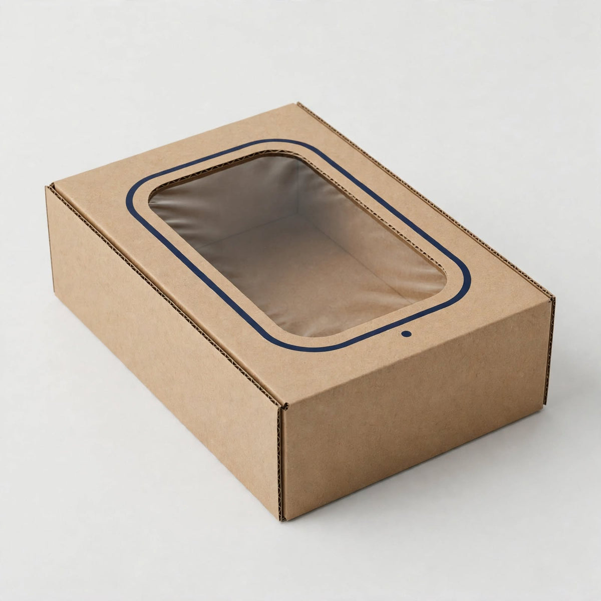 Kraft corrugated mailer box with clear die-cut window in the lid โ custom window mailer packaging Dubai
