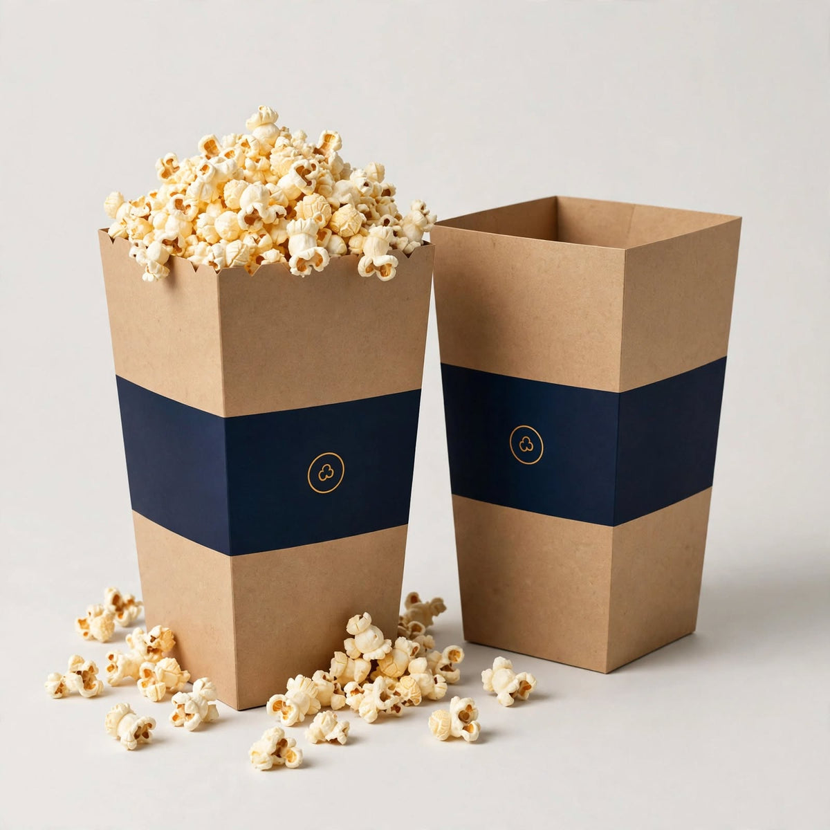 Kraft flared popcorn boxes with navy band, one overflowing with popcorn โ custom popcorn box packaging Dubai