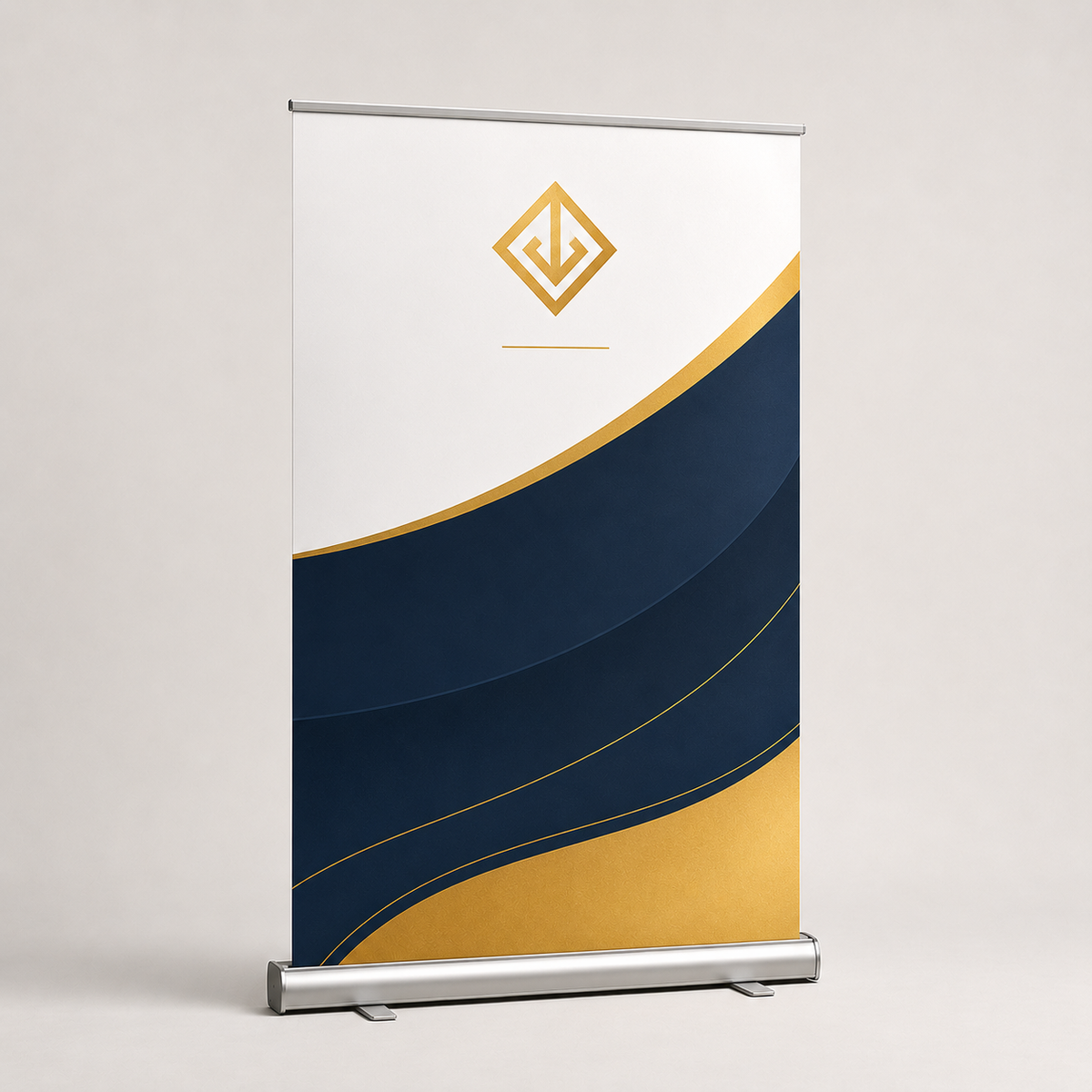 Premium roll-up banner with navy and gold artwork on a chrome base โ roll-up banners UAE