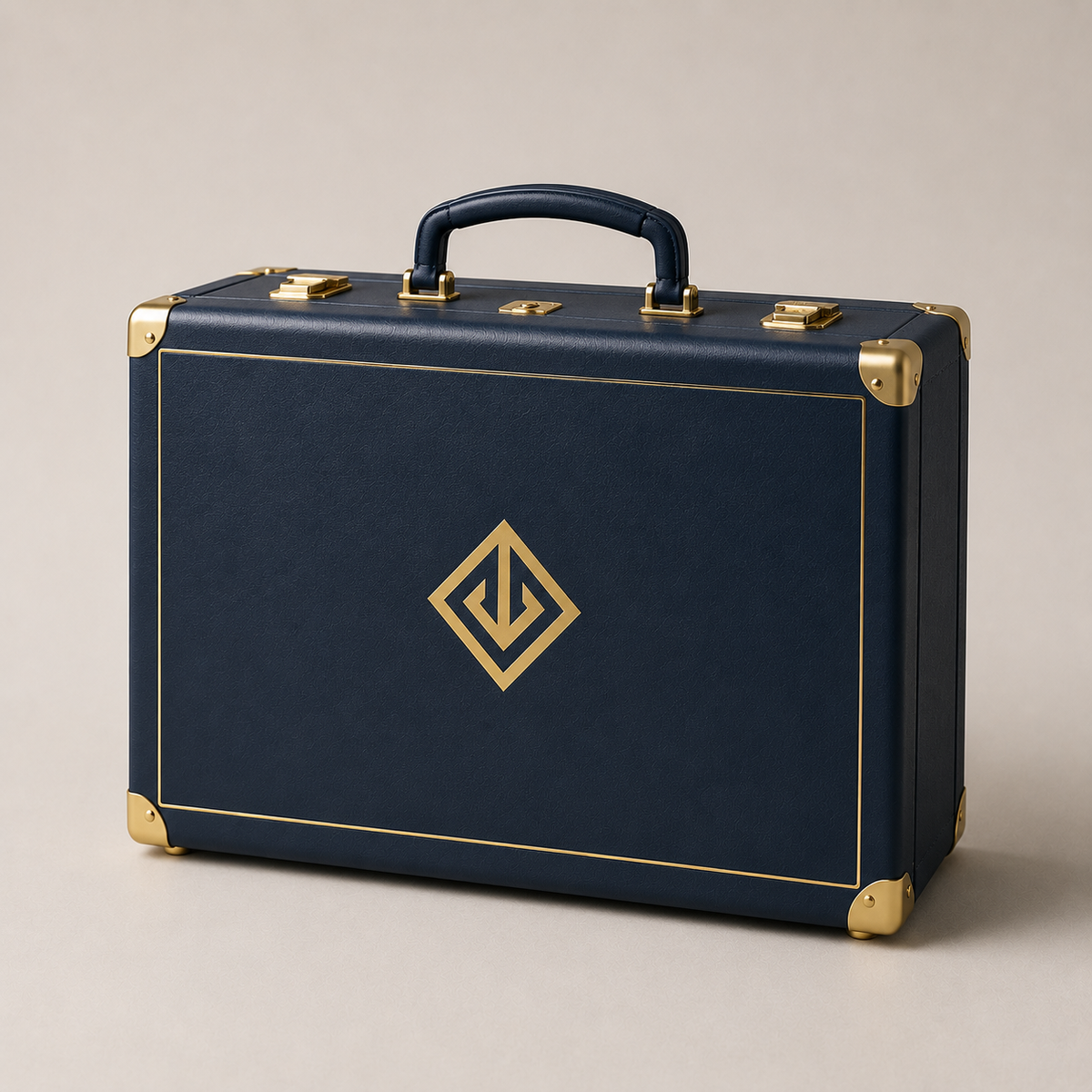Navy suitcase-style gift box with gold corners and handle โ ALEF UAE