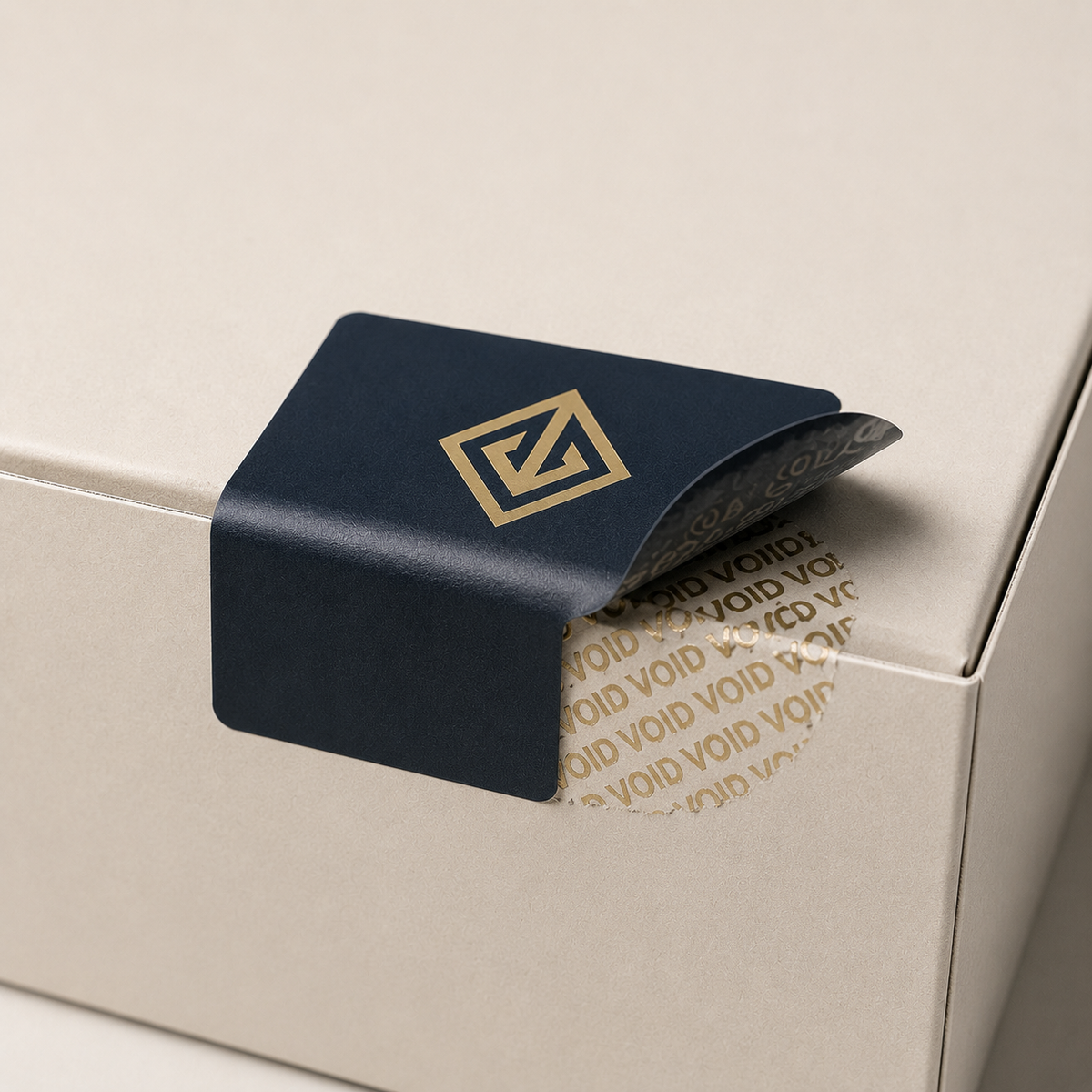 Navy tamper-evident security seal labels with gold logo on a box โ tamper-evident labels Dubai
