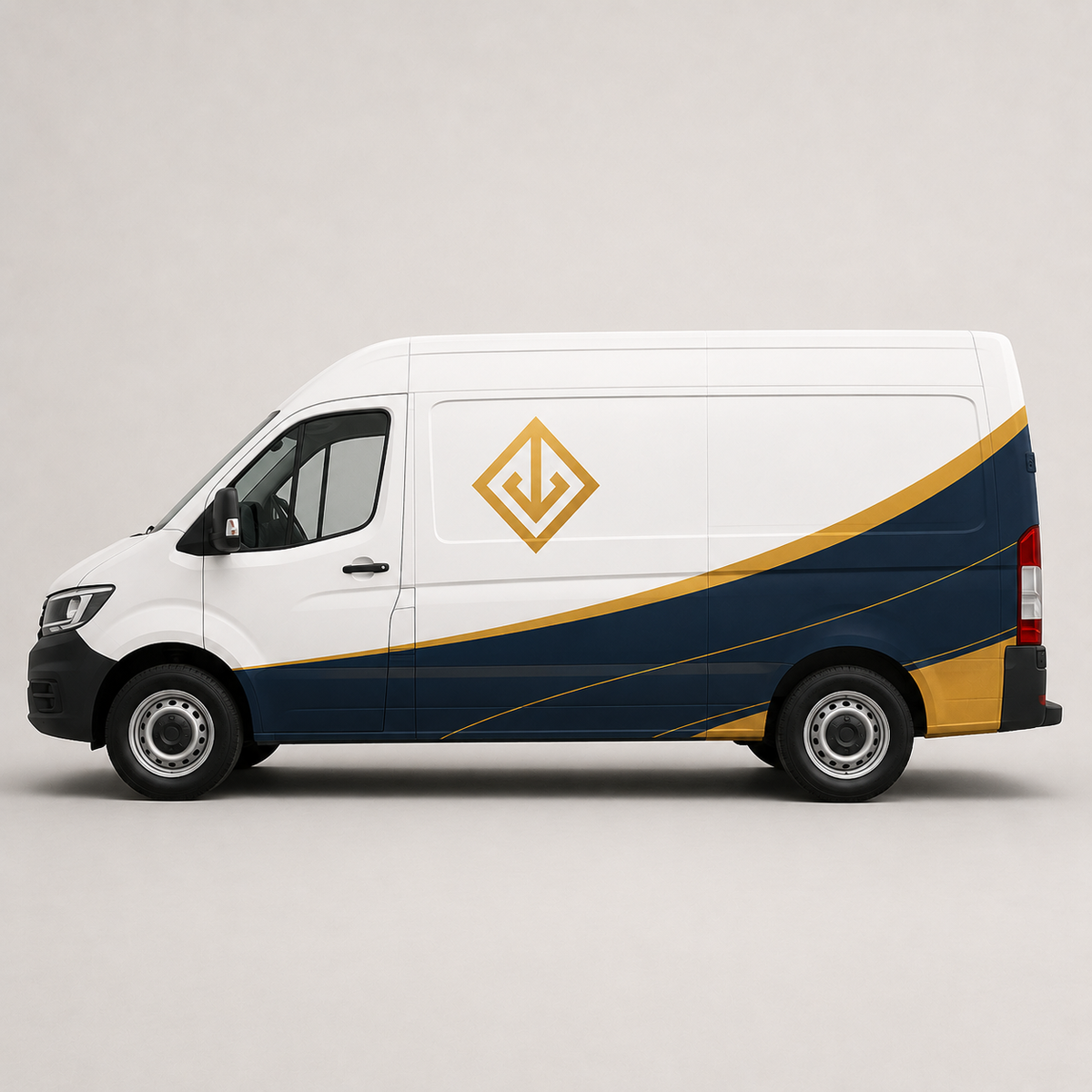 White delivery van with navy and gold vehicle branding wrap β vehicle branding Dubai