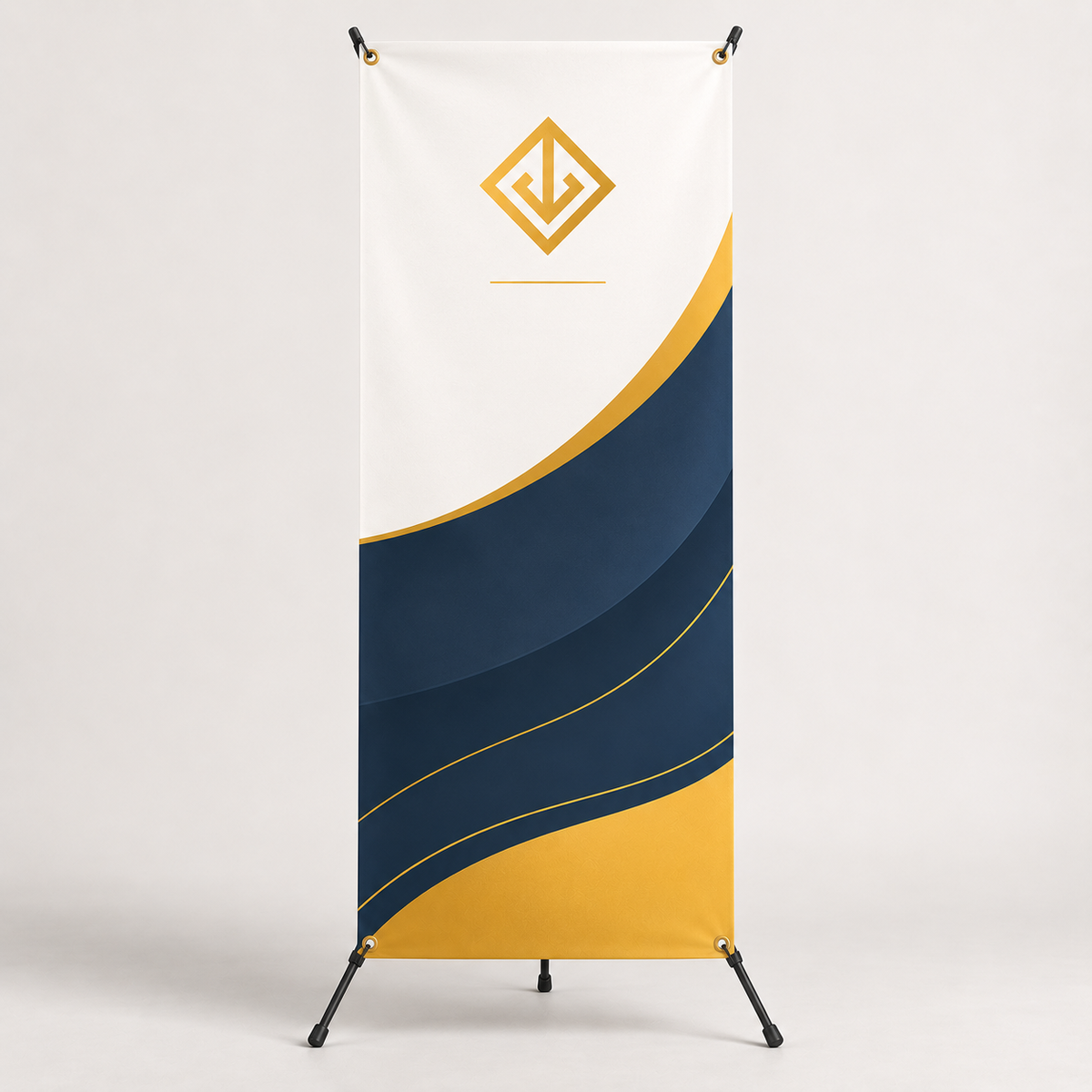 X-banner stand with navy and gold printed graphic โ x-banner printing Dubai