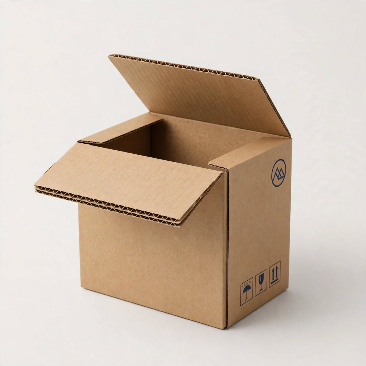 Brown 3 ply single-wall corrugated carton with flap raised showing the single flute edge — custom carton boxes Dubai