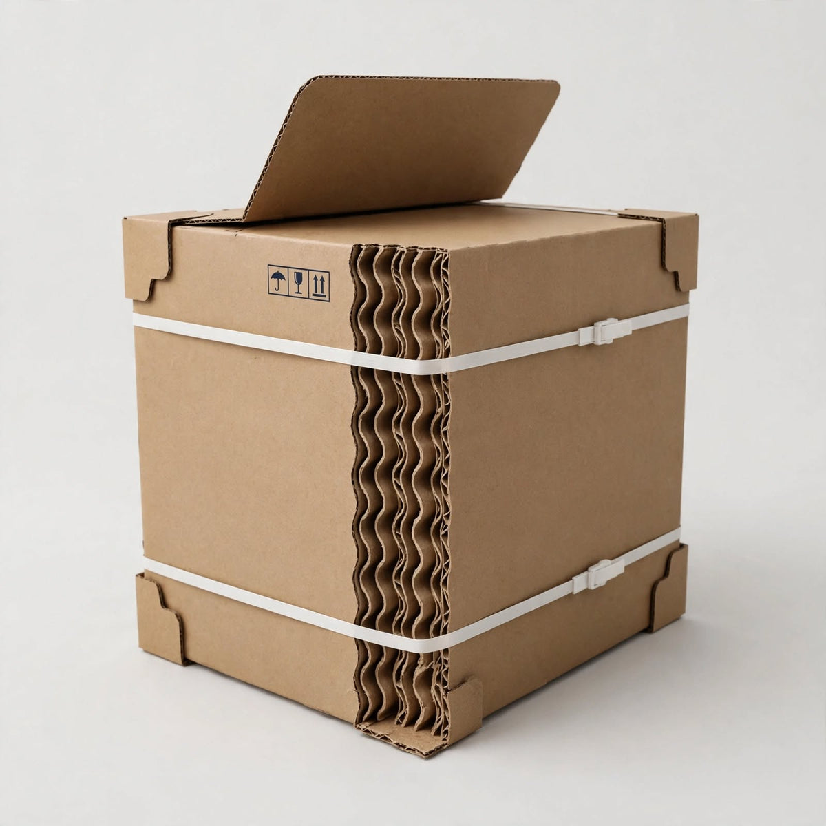 Large brown 7 ply triple-wall export carton with strapping bands and corner protectors, thick board edge visible — custom heavy-duty shipping boxes Dubai