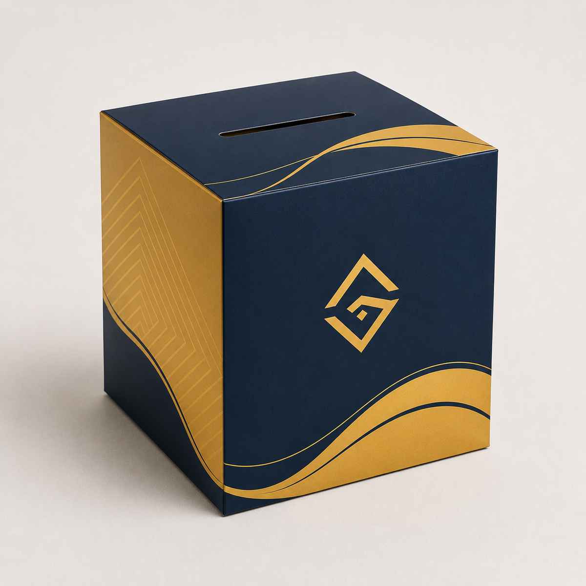 Stacked navy promotional display cubes with gold logo — display cubes Dubai