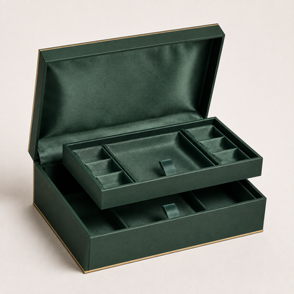 Green satin-lined rigid box with tiered fitted insert for jewellery