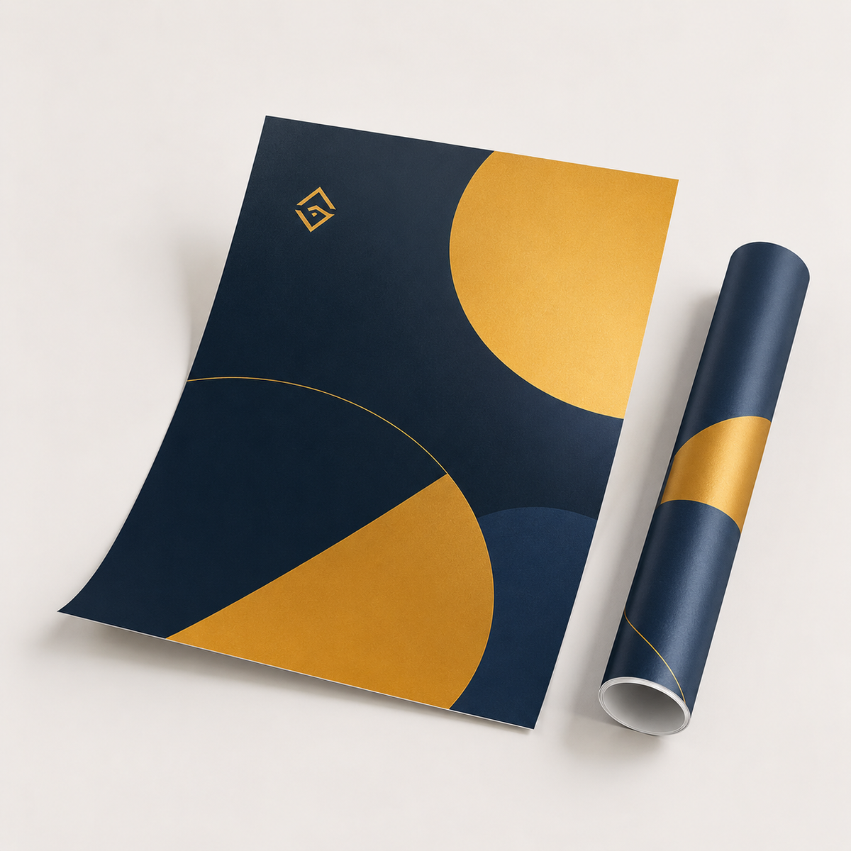 Large-format printed poster in navy and gold displayed on a wall — poster printing Dubai