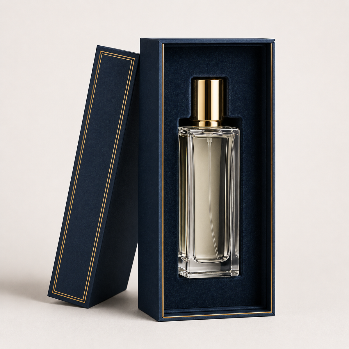 Custom navy rigid perfume box with velvet insert holding a bottle upright — ALEF UAE