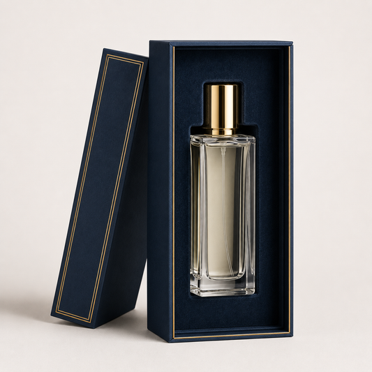 Custom navy rigid perfume box with velvet insert holding a bottle upright — ALEF UAE