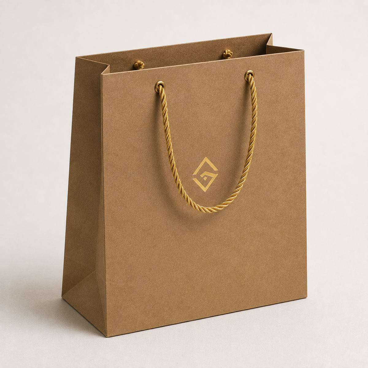 Kraft paper bag with gold rope handles and logo — custom rope handle bags Dubai