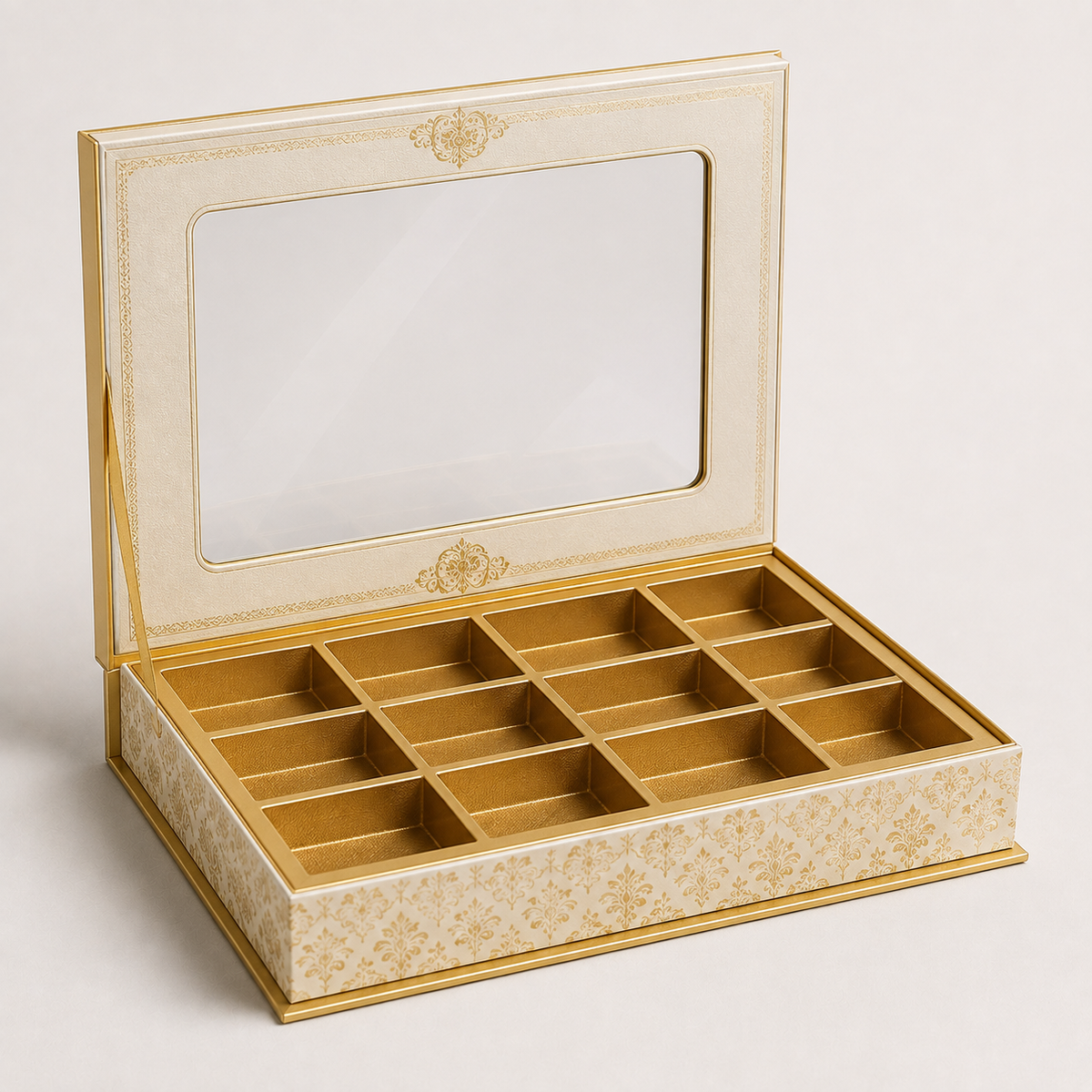 Custom ivory and gold mithai box with window lid and grid tray — ALEF UAE
