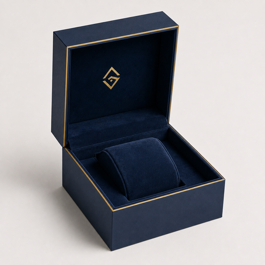 Custom navy watch box with velvet pillow insert and gold logo — ALEF UAE