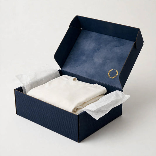Navy apparel mailer box open with folded garment in tissue paper — custom clothing shipping box Dubai
