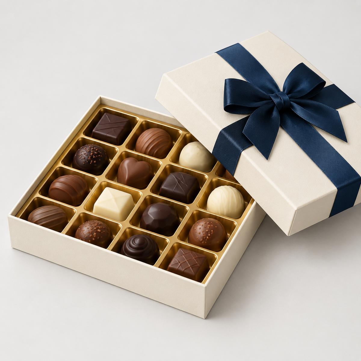 Ivory assorted chocolate gift box with navy ribbon bow and gold tray of chocolates — custom chocolate boxes Dubai