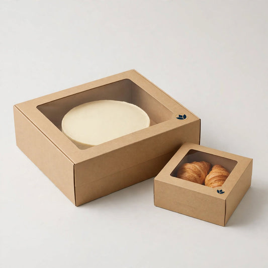 Kraft cake box with clear window showing a plain cake, smaller pastry box with croissants beside it — custom bakery box packaging Dubai
