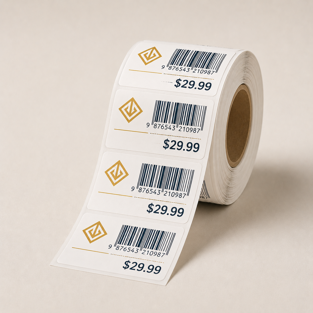 Roll of barcode and price labels with navy branding — barcode label printing Dubai