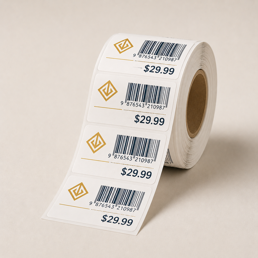 Roll of barcode and price labels with navy branding — barcode label printing Dubai