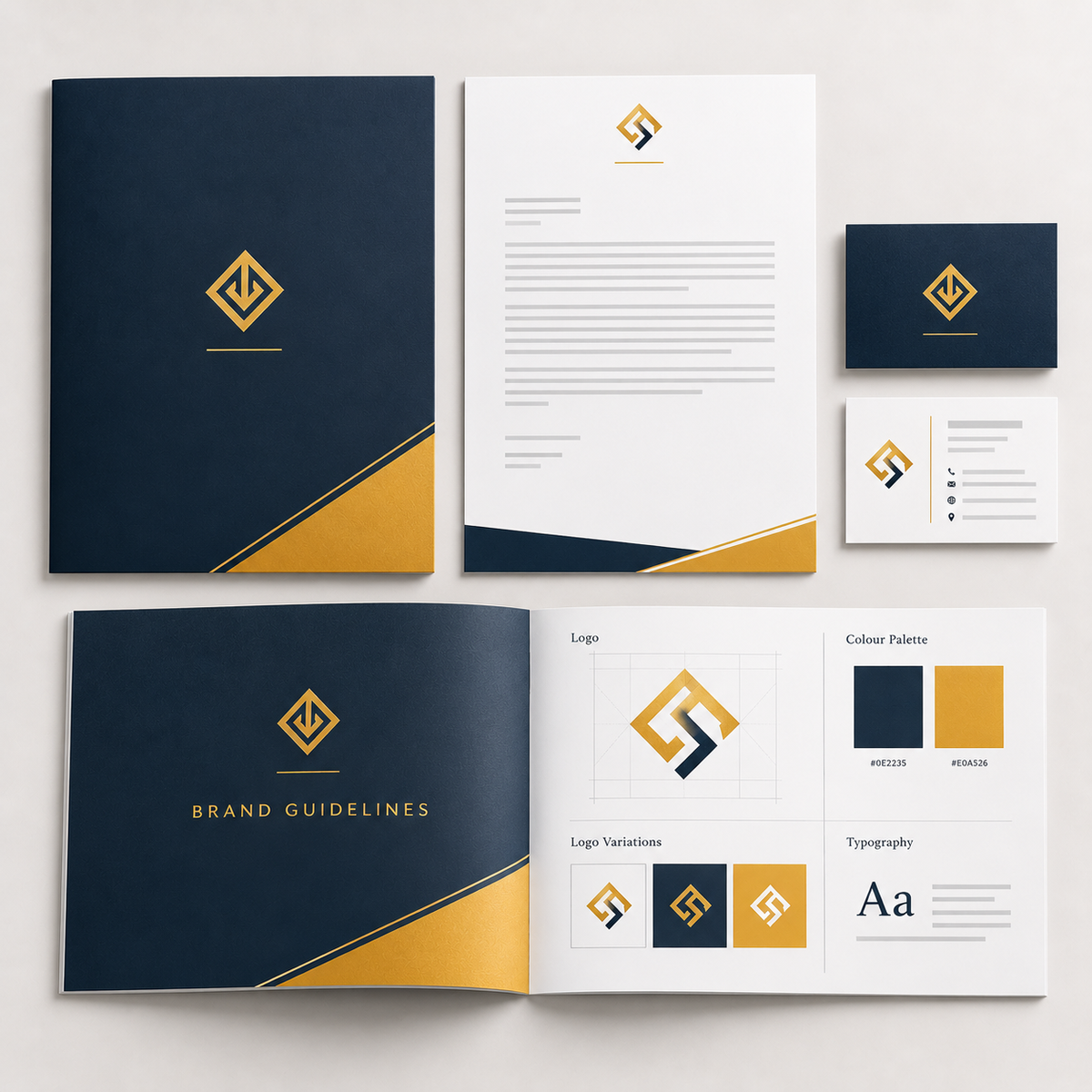 Brand identity kit with logo, business cards, letterhead and packaging in navy and gold — brand identity design Dubai
