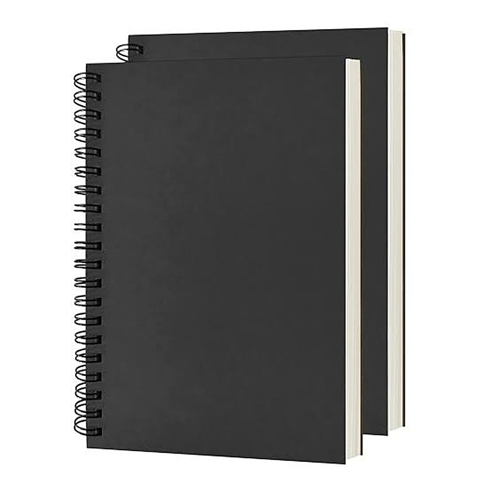 Black hard-cover spiral notebooks stacked — branded diaries and notebooks Dubai