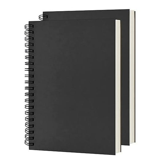 Black hard-cover spiral notebooks stacked — branded diaries and notebooks Dubai