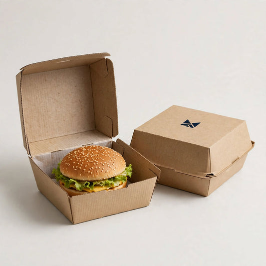 Kraft clamshell burger box open with plain burger inside, second box closed with navy logo mark — custom burger packaging Dubai