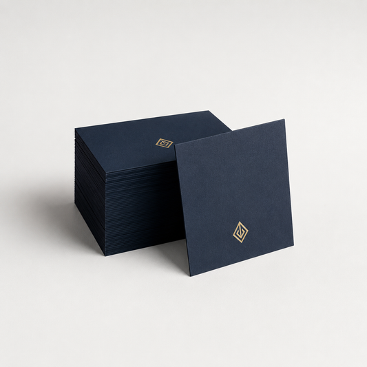 Stack of navy and white standard business cards with gold logo — business card printing Dubai