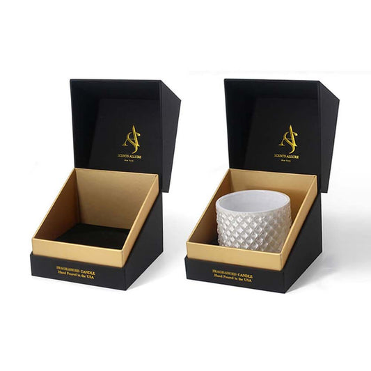 Black candle boxes with gold interior and fitted insert — custom candle packaging Dubai