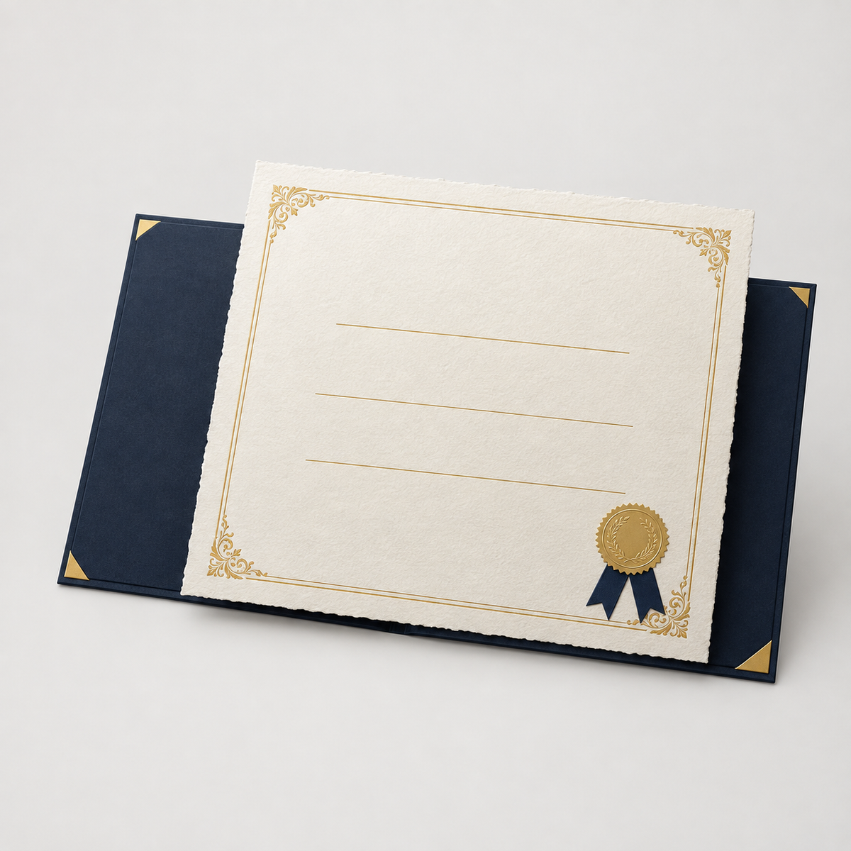 Blank ivory certificate with gold foil border and embossed seal in a navy folder — certificate printing Dubai
