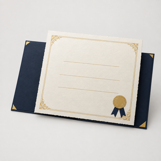 Blank ivory certificate with gold foil border and embossed seal in a navy folder — certificate printing Dubai