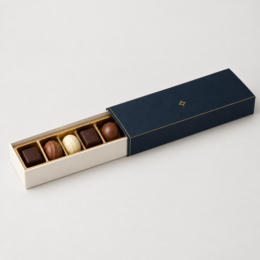 Navy chocolate sleeve box slid open to show white tray of pralines — custom chocolate sleeve packaging Dubai