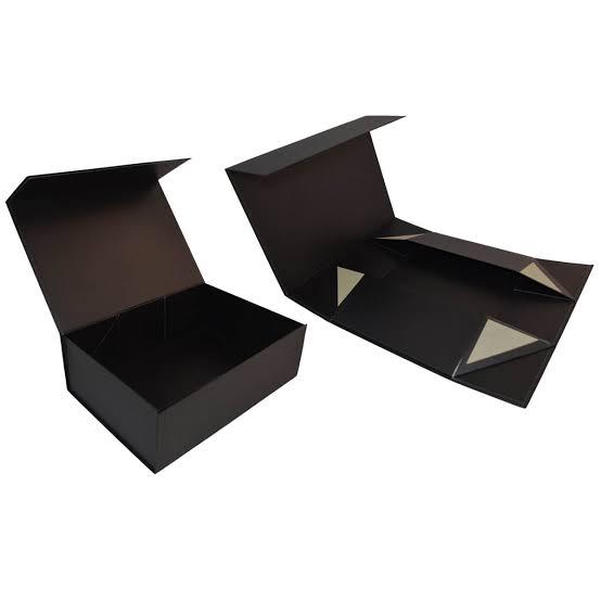 Custom black collapsible magnetic box shown flat and assembled — ALEF UAE