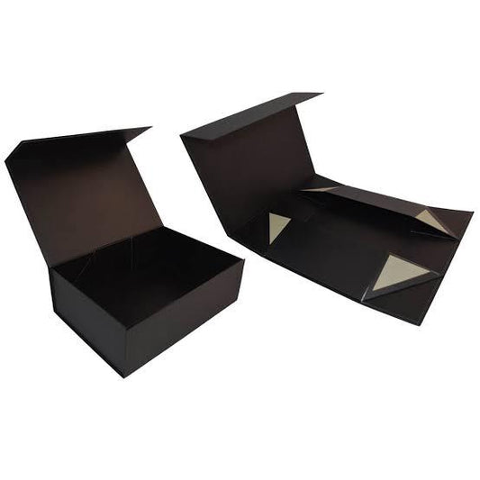 Custom black collapsible magnetic box shown flat and assembled — ALEF UAE