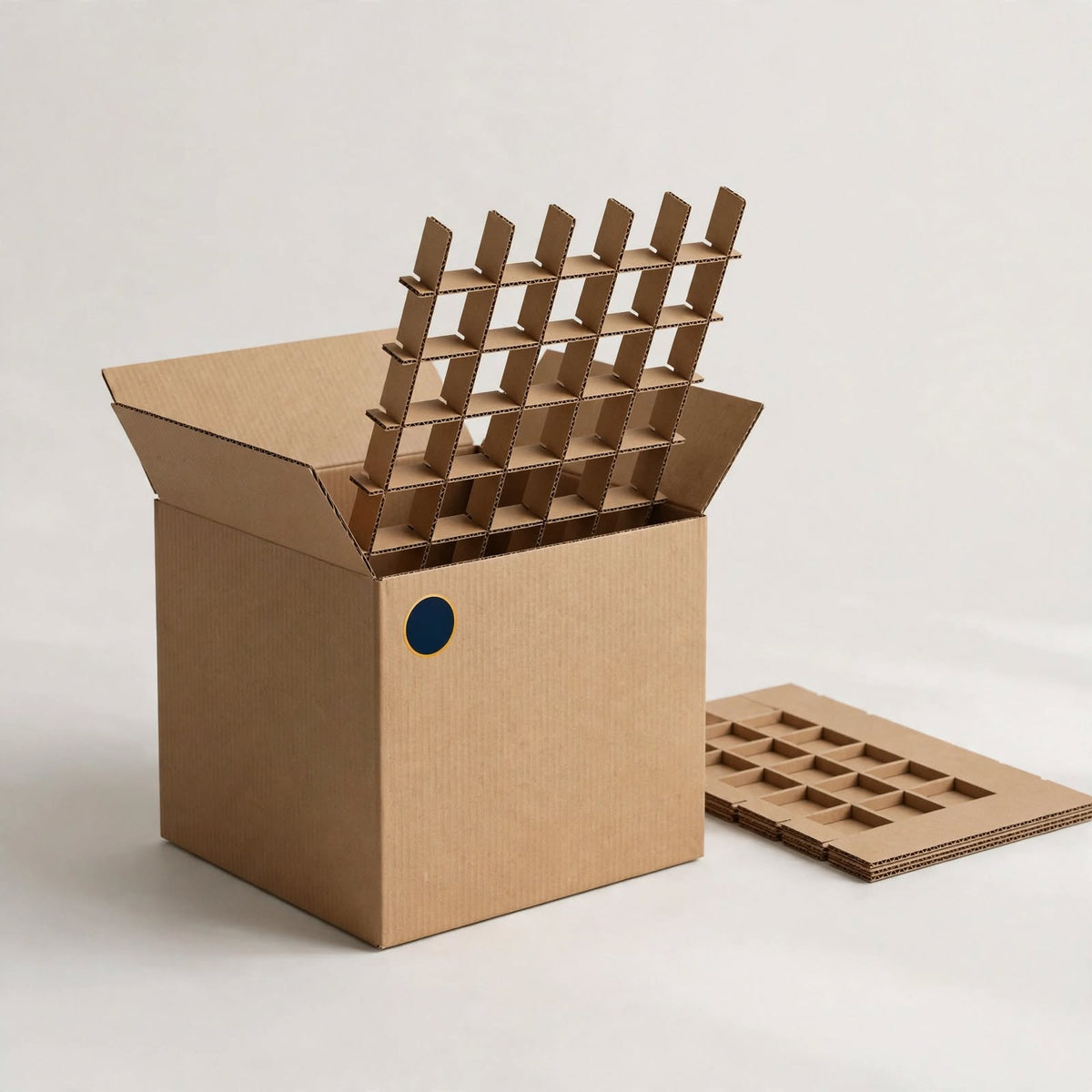 Brown corrugated carton with a slotted grid partition insert lifted halfway out, second partition flat beside it — custom carton dividers Dubai