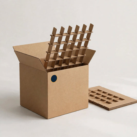 Brown corrugated carton with a slotted grid partition insert lifted halfway out, second partition flat beside it — custom carton dividers Dubai