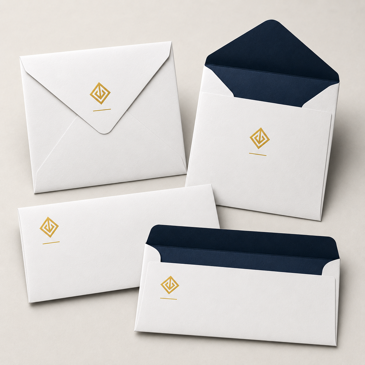 Set of navy printed envelopes with gold logo — custom envelope printing Dubai