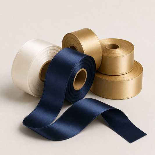 Rolls of navy satin ribbon printed with a repeating gold logo — custom printed ribbon Dubai