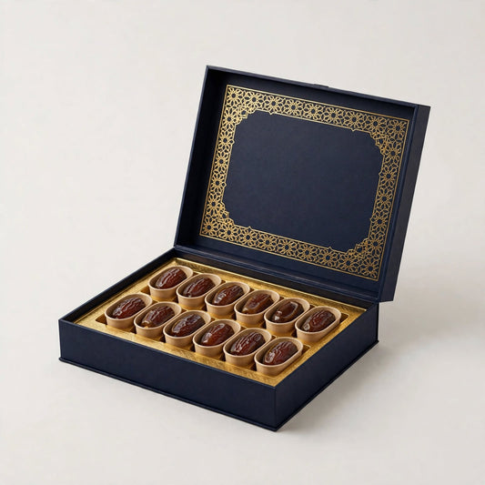Navy dates gift box open with gold arabesque lid and dates in paper cups — custom dates packaging Dubai